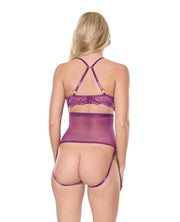 Metallic Stretch Lace & Mesh Teddy With Detachable Panty - Purple