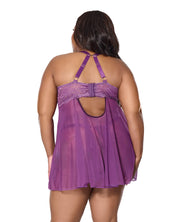 Metallic Stretch Lace & Mesh Babydoll With Thong - Purple (Plus Size)