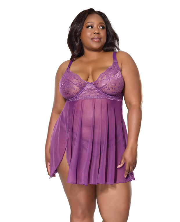 Metallic Stretch Lace & Mesh Babydoll With Thong - Purple (Plus Size)