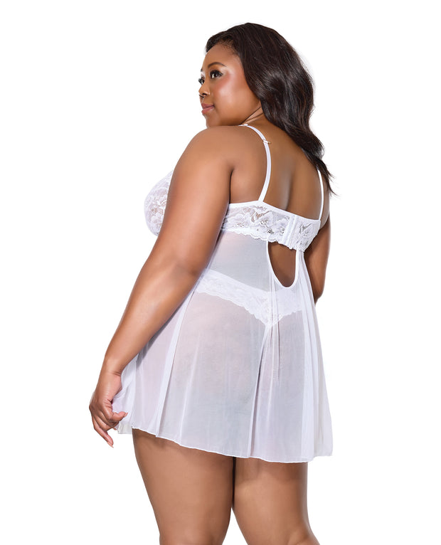 Scallop Stretch Lace & Mesh Babydoll With Thong - White (Plus Size)