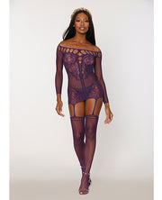 Scalloped Lace and Fishnet Garter Dress With Attached Stockings - Purple