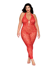 Leopard Pattern Seamless Bodystocking With Gold Details - Red (Plus Size)