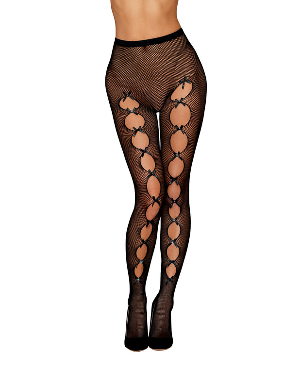 Fishnet Pantyhose With Back Seam & Satin Bows - Black