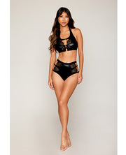 Stretch Faux Leather and Eyelash Lace Bralette With High-Waisted Panty - Black