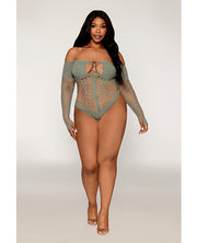 Long Sleeve Opaque and Fishnet Seamless Teddy With Removable Halter Chain - Sage Green (Plus Size)