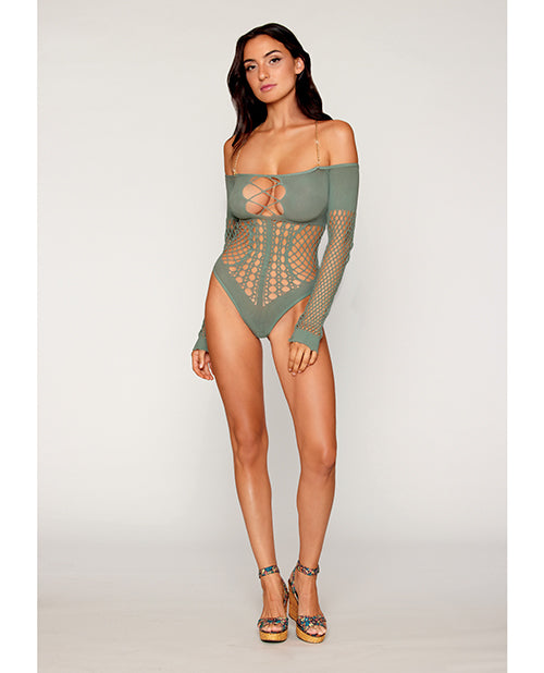 Long Sleeve Opaque and Fishnet Seamless Teddy With Removable Halter Chain - Sage Green