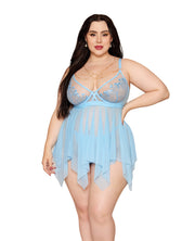 Floral Embroidered Lace and Stretch Mesh Babydoll With G-String 2 pc Set - Arctic Blue (Plus Size)