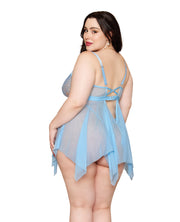 Floral Embroidered Lace and Stretch Mesh Babydoll With G-String 2 pc Set - Arctic Blue (Plus Size)