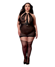 Stretch Mesh and Faux Leather Gartered Chemise With Removable Flogger - Black (Plus Size)