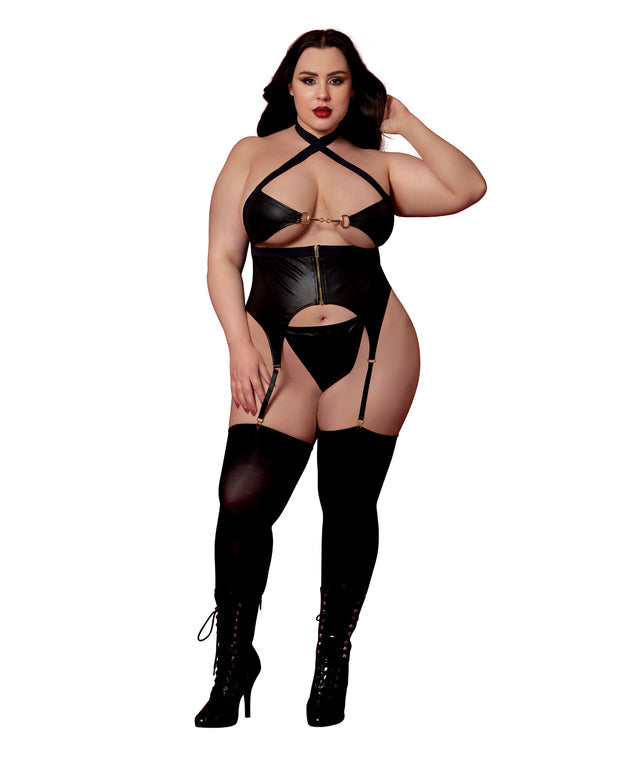 Faux Leather Bustier With Gold Details & G-String 2 pc Set - Black (Plus Size)