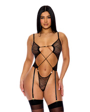 Pull My Strings Sheer Mesh Teddy With Garters & Faux Pearl Details - Black