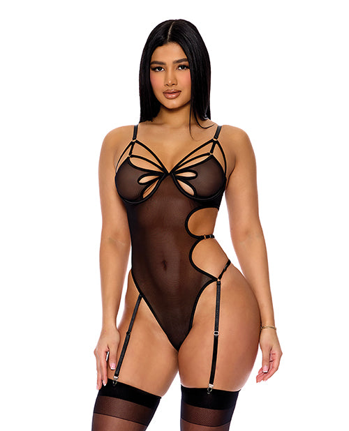 Feeling Butterflies Mesh Teddy With Garters - Black