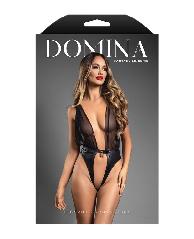 Domina Plunge Front Sheer Mesh & Vegan Leather Teddy With Lock & Key - Black