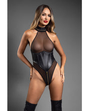 Domina Sheer Mesh Halter Teddy With Wet Look Cinch Waist & Zipper Crotch - Black