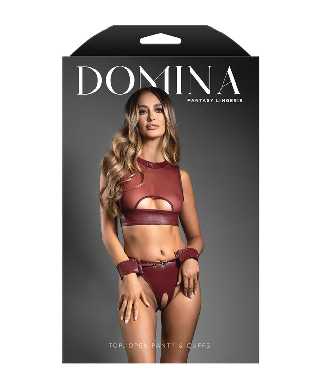 Domina Sheer Mesh & Vegan Leather 3 pc Set With Crotchless Panty & Handcuffs - Burgundy