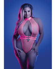 Glow Knockout Fishnet Teddy With Detachable Thong - Neon Pink (Plus Size)