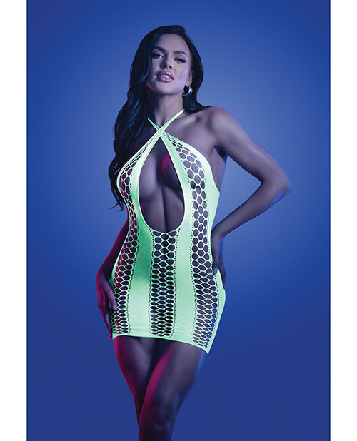 Glow Synthesize UV Reactive Seamless Halter Dress - Neon Green - Spicy and Sexy