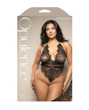 Opulence Metallic Eyelash Lace Teddy With Pearl String Crotch - Black (Plus Size)