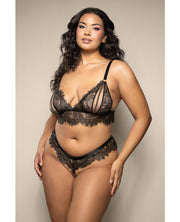 Opulence Metallic Eyelash Lace Lace Bralette With Pearl String Crotch Panty - Black (Plus Size)