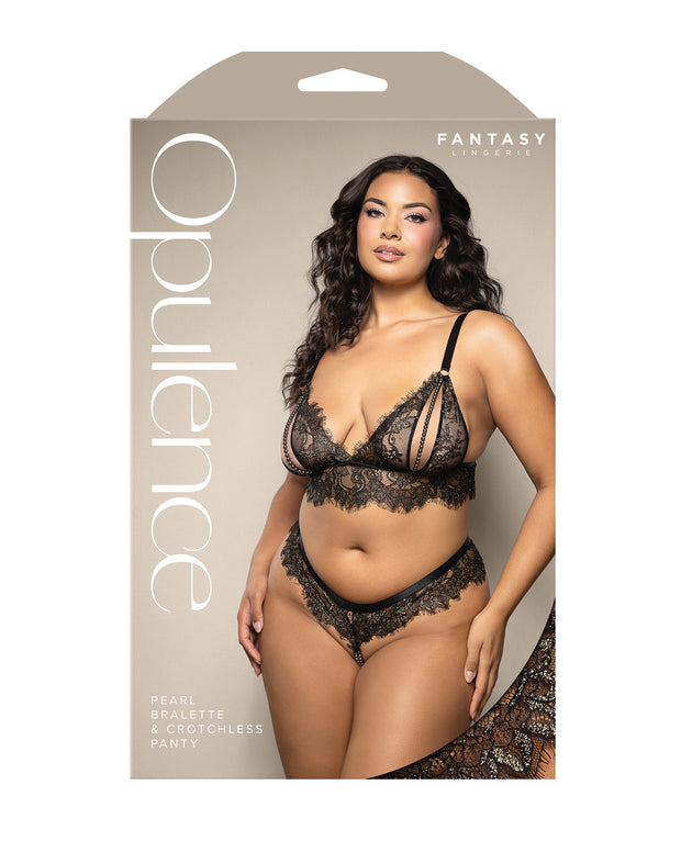 Opulence Metallic Eyelash Lace Lace Bralette With Pearl String Crotch Panty - Black (Plus Size)