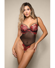 Opulence Embroidered Underwire Open Crotch Teddy With Pearl Detail - Red