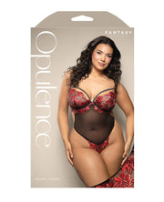 Opulence Embroidered Underwire Open Crotch Teddy With Pearl Detail - Red (Plus Size)