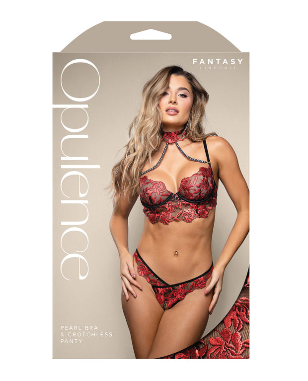 Opulence Embroidered Underwire Bralette & Crotchless Panty With Pearl Details 2 pc Set - Red