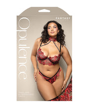 Opulence Embroidered Underwire Bralette & Crotchless Panty With Pearl Details 2 pc Set - Red (Plus Size)