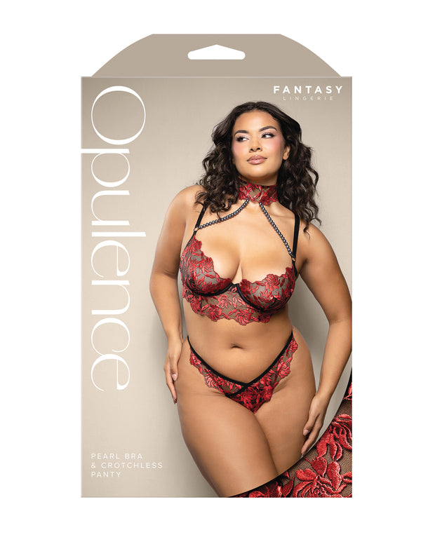 Opulence Embroidered Underwire Bralette & Crotchless Panty With Pearl Details 2 pc Set - Red (Plus Size)