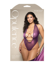 Opulence Shimmer Mesh Halter Teddy With Pearl Details - Purple (Plus Size)