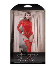 Sheer Infatuation Long Sleeve Teddy With Attached Footless Stockings Red