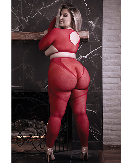 Sheer Follow Up Long Sleeve Open Top, Crotchless Tights & 1 Pair Pasties Red