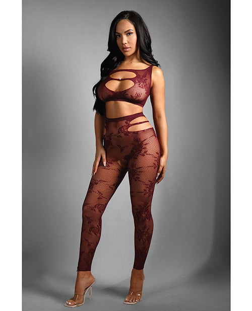 Sheer Undivided Attention Cut-out Lace Top With Crotchless Tights - Burgundy