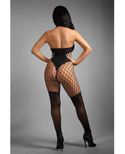 Sheer Lose Control Opaque and Fishnet High Neck Crotchless Bodystocking - Black