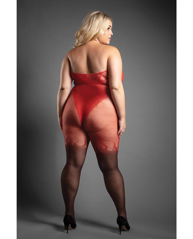 Sheer Eternal Flame Halter Open Crotch Bodystocking - Red/Black (Plus Size)