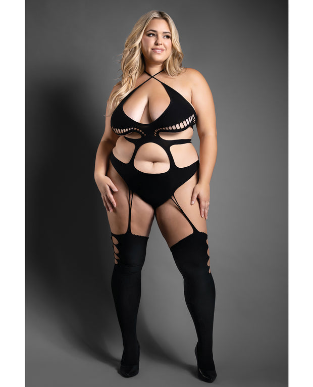 Sheer Mind Games Opaque Crotchless Teddy Bodystocking - Black (Plus Size)