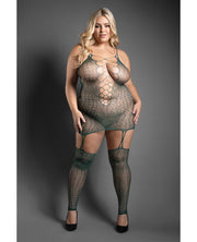 Sheer Wild Heart Reptile Print Bodystocking Dress With Attached Stockings - Green (Plus Size)