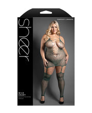 Sheer Wild Heart Reptile Print Bodystocking Dress With Attached Stockings - Green (Plus Size)