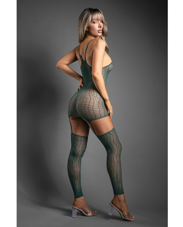 Sheer Wild Heart Reptile Print Bodystocking Dress With Attached Stockings - Green