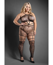 Sheer Unholy Gartered Bodystocking Dress With Attached Stockings - Black (Plus Size)