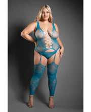 Sheer Everlasting Lace Bodystocking With Attached Stockings & G-String 2 pc Set - Teal (Plus Size)