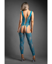 Sheer Everlasting Lace Bodystocking With Attached Stockings & G-String 2 pc Set - Teal