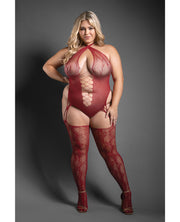 Sheer Pretty Poison Snakeskin Pattern Halter Bodystocking - Burgundy (Plus Size)