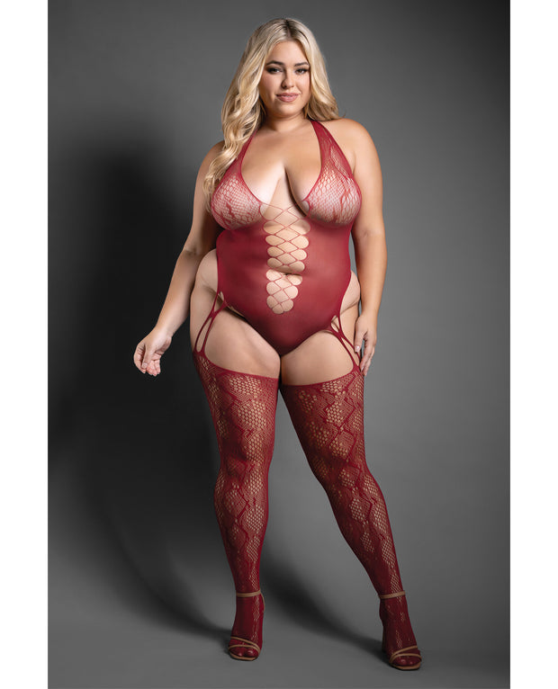 Sheer Pretty Poison Snakeskin Pattern Halter Bodystocking - Burgundy (Plus Size)