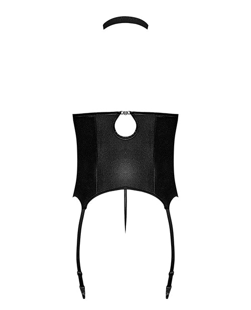 Lust Mistress Cupless Corset With Velcro Choker Collar, Metal Garters & G-String Black