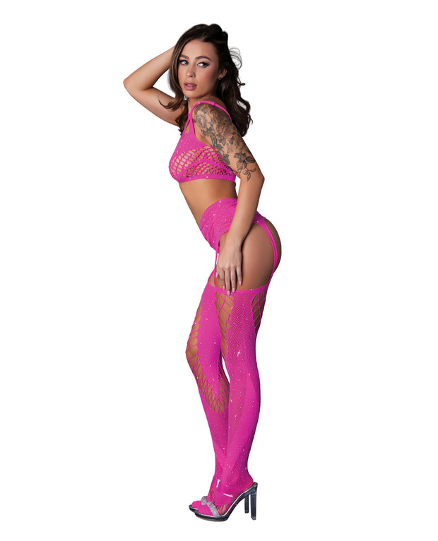 Seamless Blacklight Reflective Bralette With G-String & Garter Stocking 3 pc Set - Pink