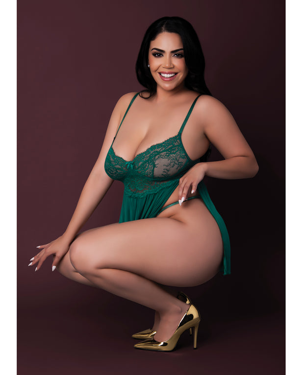 Evermore Babydoll With Cheeky Panty 2 pc Set - Emerald (Plus Size)