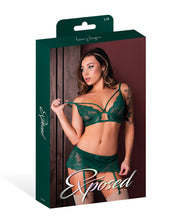 Evermore Bralette With Skirt Garter & Thong 3 pc Set - Emerald L/XL