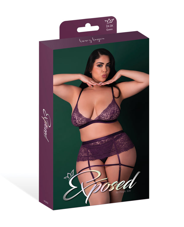 Leather & Lace Stretch Mesh and Lace Bralette With Garter & Thong 3 pc Set - Plum (Plus Size)