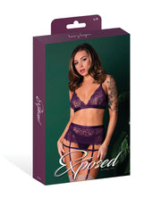 Leather & Lace Stretch Mesh and Lace Bralette With Garter & Thong 3 pc Set - Plum